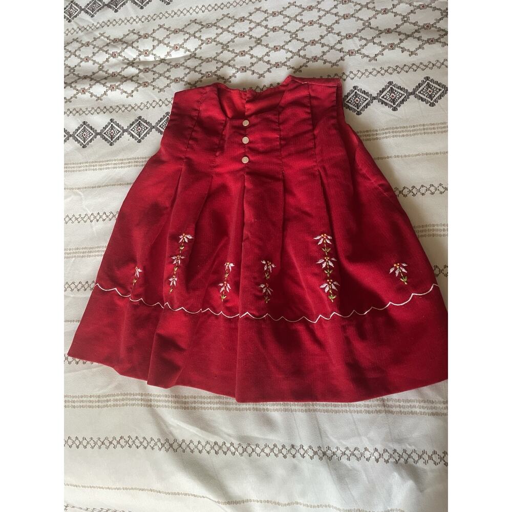 Vintage 1970s Toddler Red Corduroy Dress•Embroidered Floral Details•Size 2T/3T